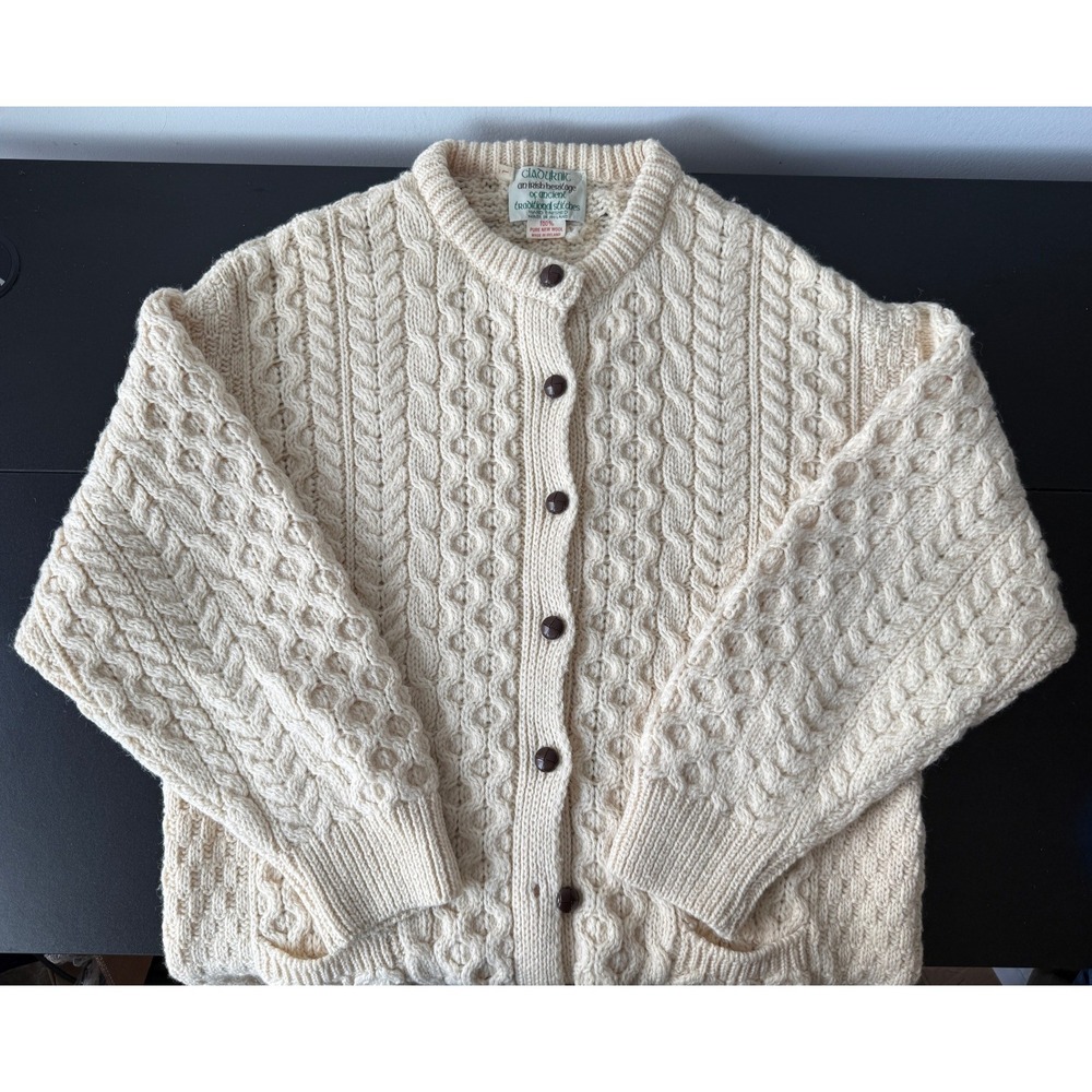Cladyknit Irish Heritage Wool Cardigan Ireland Cream Cable Knit Large Sweater